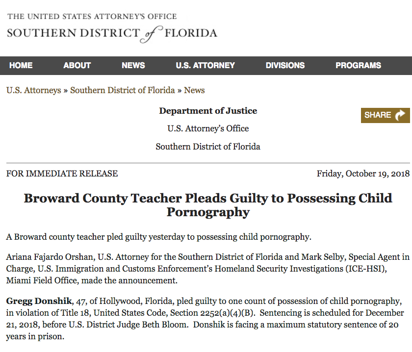 El anuncio oficial de la declaración de culpabilidad de Gregg Donshik en el sitio de internet de la Fiscalía del Distrito Sur de Florida