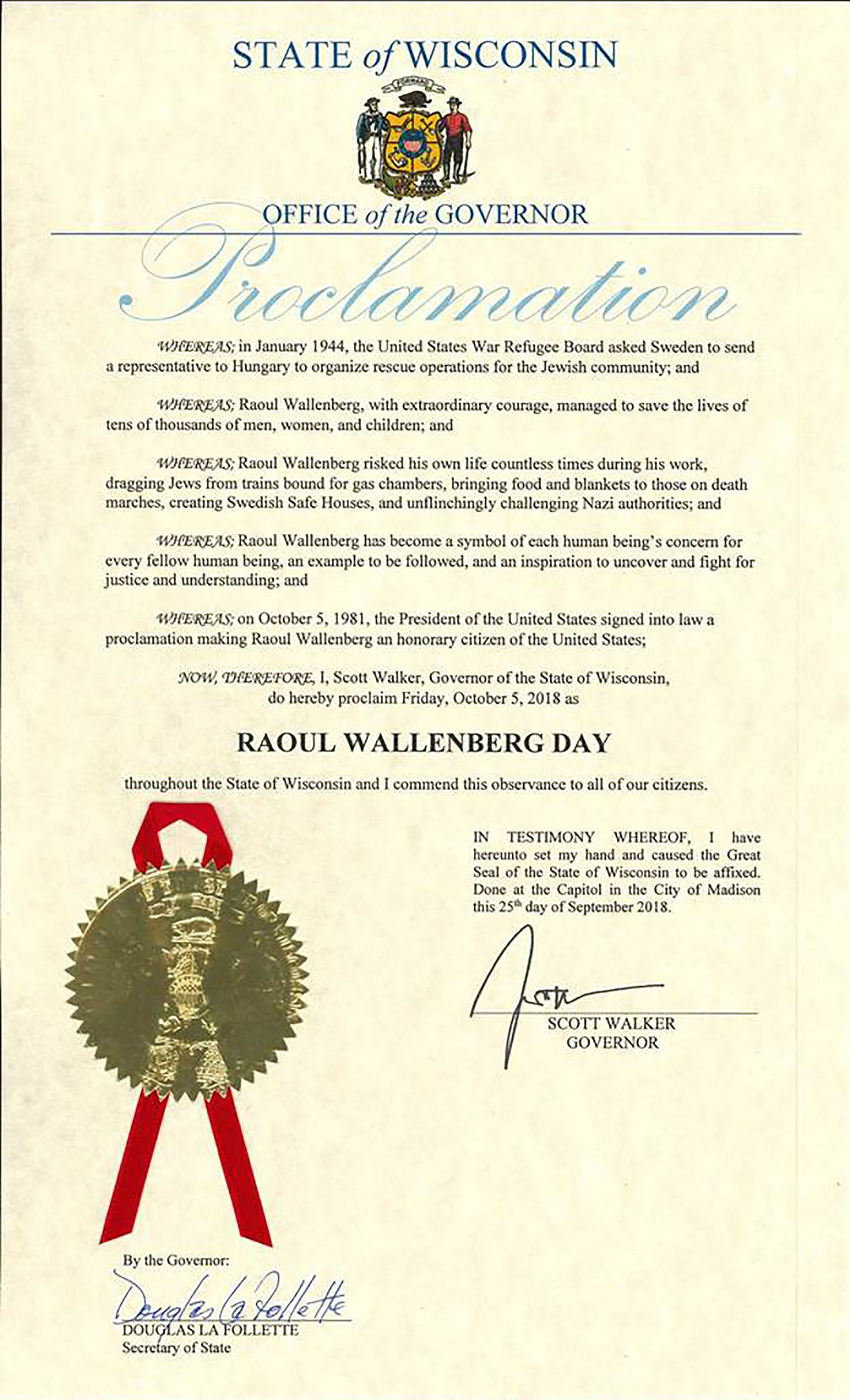 La proclamación del gobernador Scott Walker, de Wisconsin