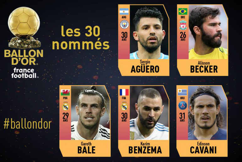 Sergio Agüero, Alisson Becker, Gareth Bale, Karim Benzema y Edinson Cavani fueron los cinco primeros futbolistas anunciados como candidatos al Balón de Oro 2018