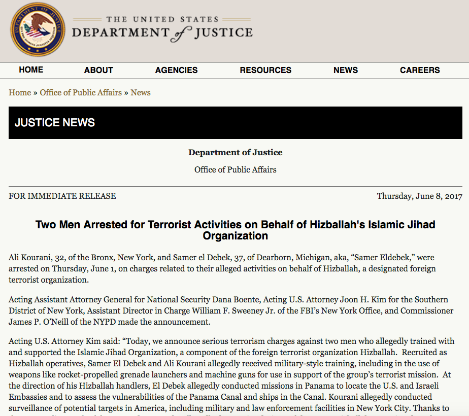 El anuncio oficial del arresto de Kourani y otro acusado de ser agente de Hezbolá, Samer Eldebek, en el sitio de internet del Departamento de Justicia de Estados Unidos