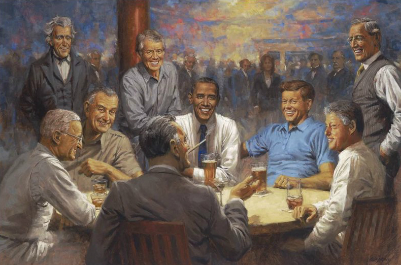 “El club demócrata”, una versión del mismo pintor sobre ex presidentes del partido demócrata (Andy Thomas)