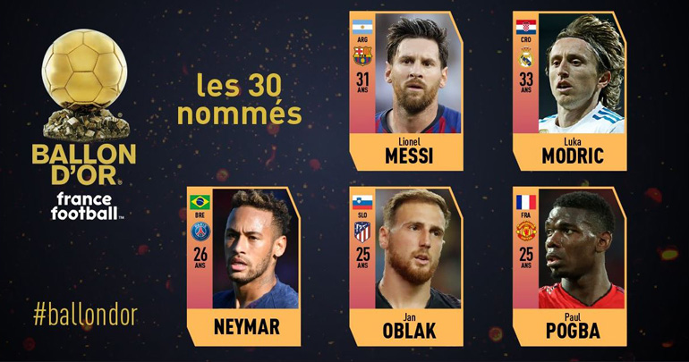 Lionel Messi, Luka Modric, Neymar, Jan Oblak y Paul Pogba