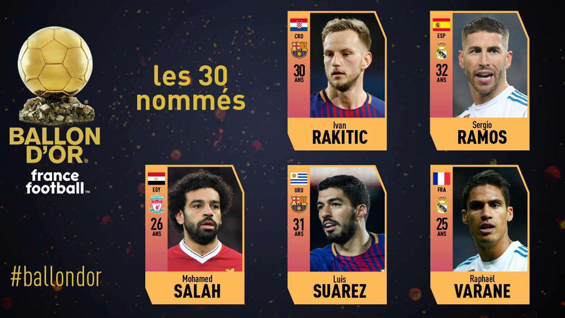 Ivan Rakitc, Sergio Ramos, Mohamed Salah, Luis Suárez y Raphael Barane