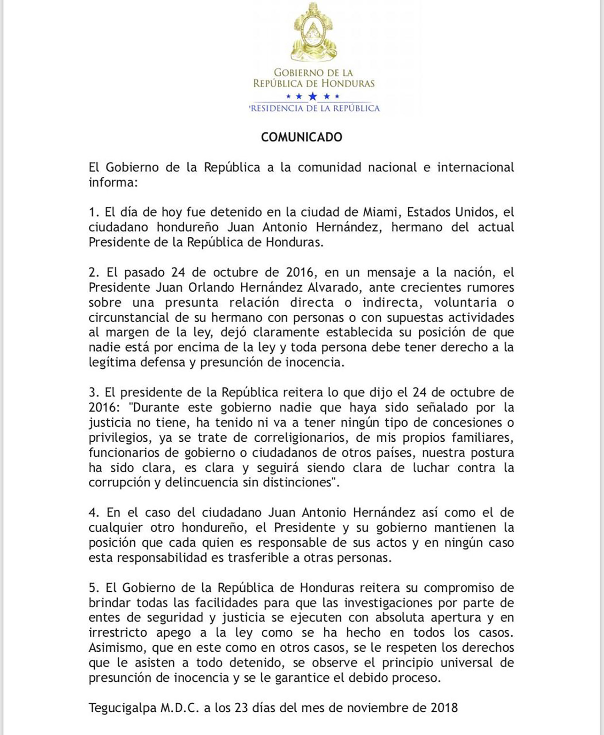 El comunicado del gobierno de Honduras