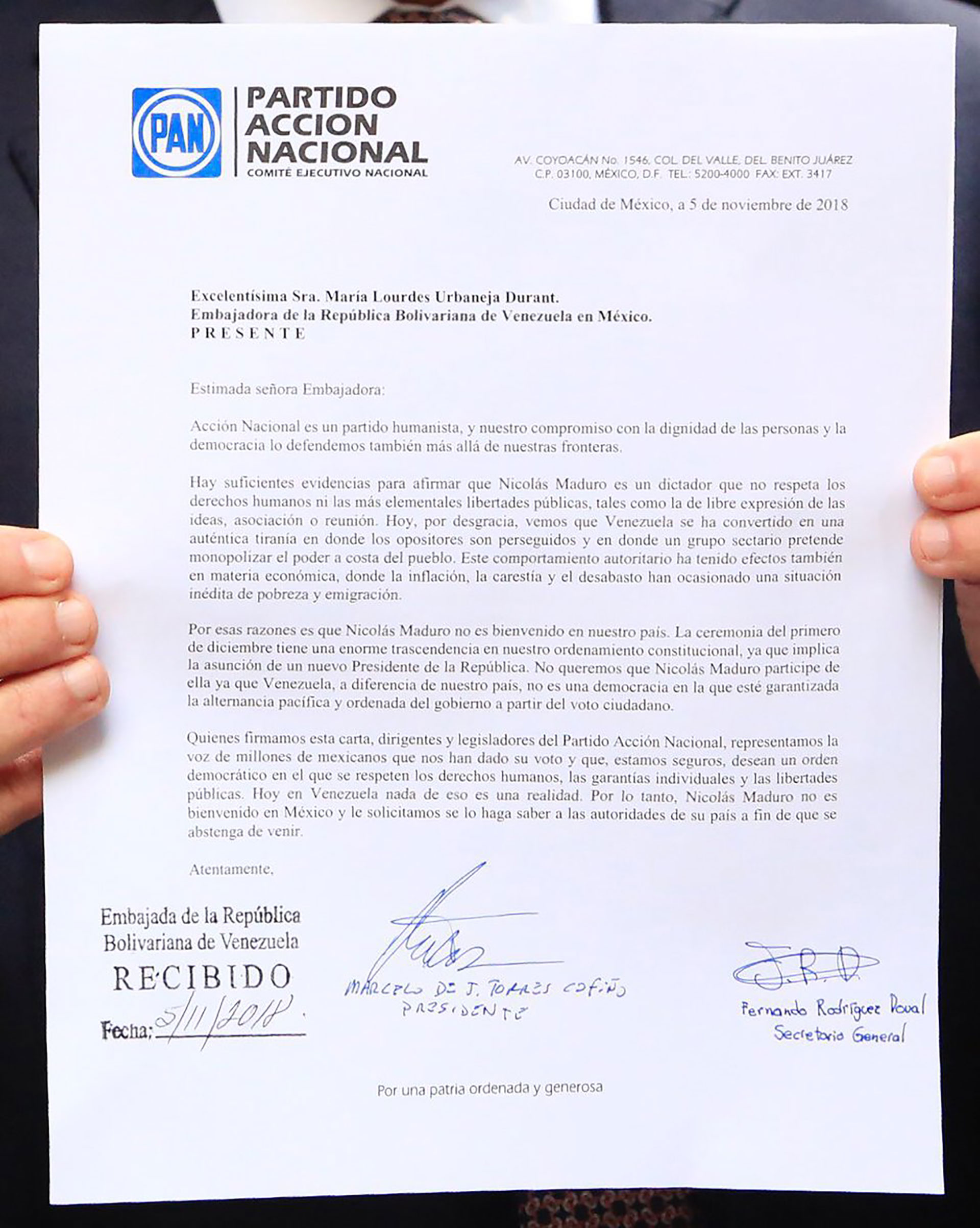 El PAN señala en el escrito el “comportamiento autoritario” del régimen bolivariano (Foto: @marcelotorresc)