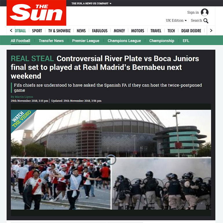 La controversial final del River-Boca se jugará en el estadio del Real Madrid el próximo fin de semnaa (The Sun, Inglaterra)