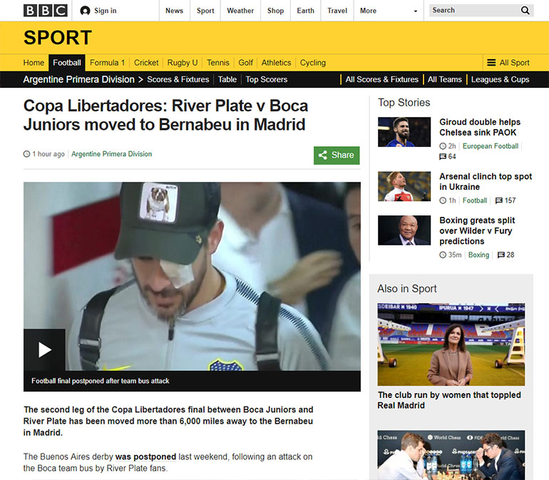 Copa Libertadores: River vs. Boca se muda al Bernabéu en Madrid (BBC, Inglaterra)