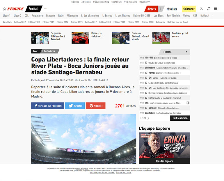 Copa Libertadores: el partido de vuelta River Plate – Boca Juniors se juega en el estadio Santiago Bernabéu (L’Equipe, Francia)