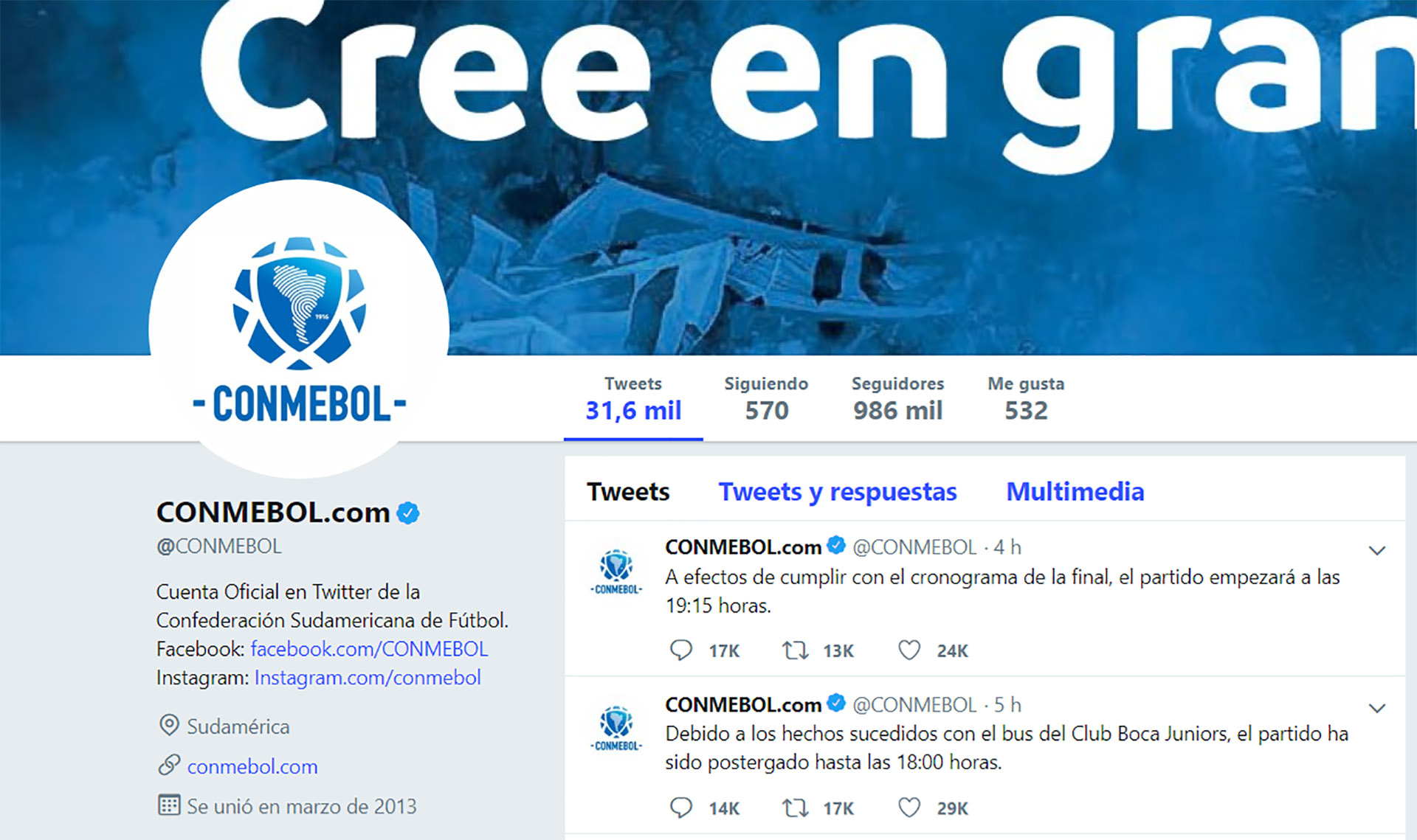 Así está el Twitter oficial de la Conmebol