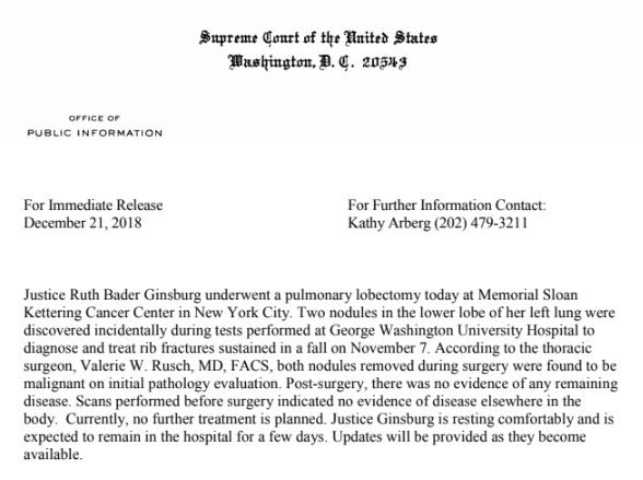 El comunicado sobre la operación quirúrgica a la que se ha sometido a la jueza del Supremo Ruth Bader Ginsburg