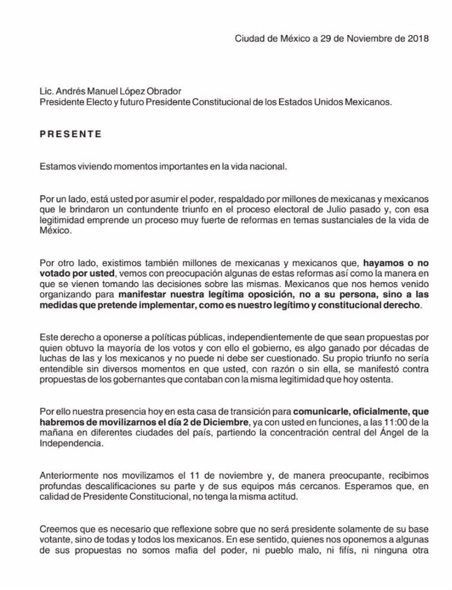 Carta de los opositores de AMLO para anunciar la marcha del 2 de diciembre @Mex_Libertario)