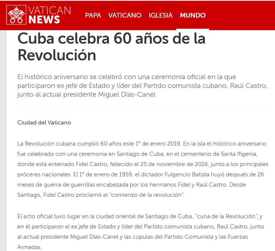 La nota de Vatican News sobre el aniversario de la revolución cubana.