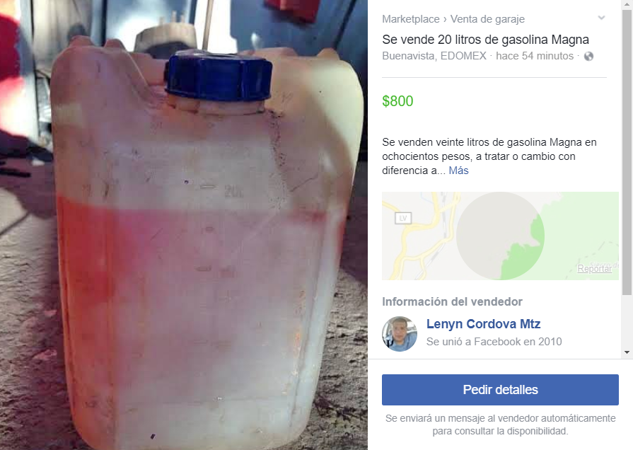 “Se vende 20 litros de gasolina Magna”, se lee en el anuncio que otro usuario tiene en el Marketplace que oferta la gasolina también en el Estado de México