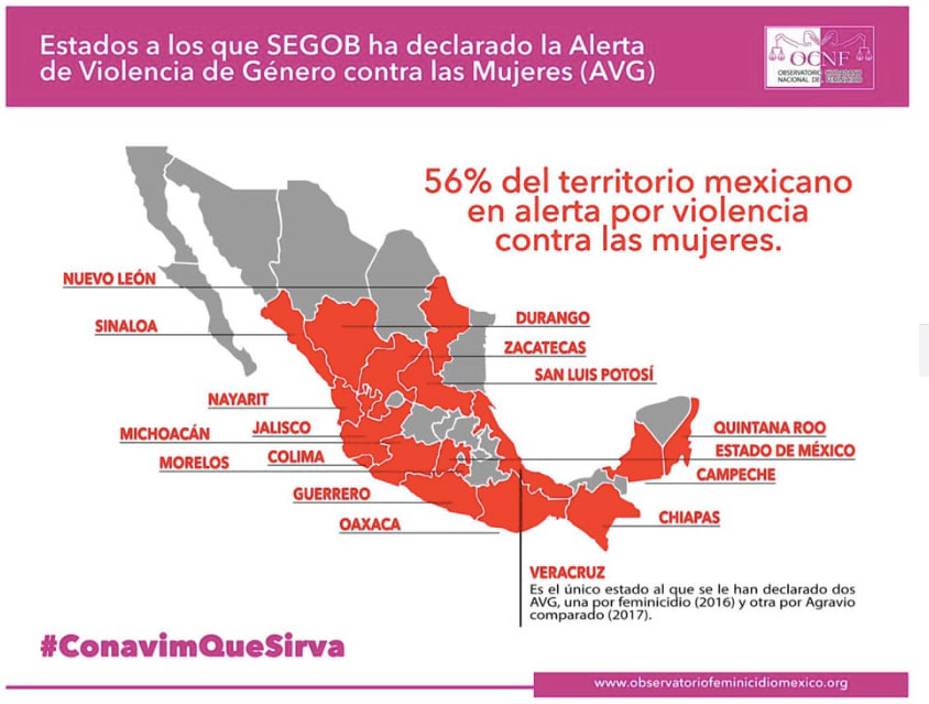 En estos estados se encuentra formalmente declarado en Alerta de Violencia de Género contra las Mujeres (Foto: Facebook OCNFeminicidio México)
