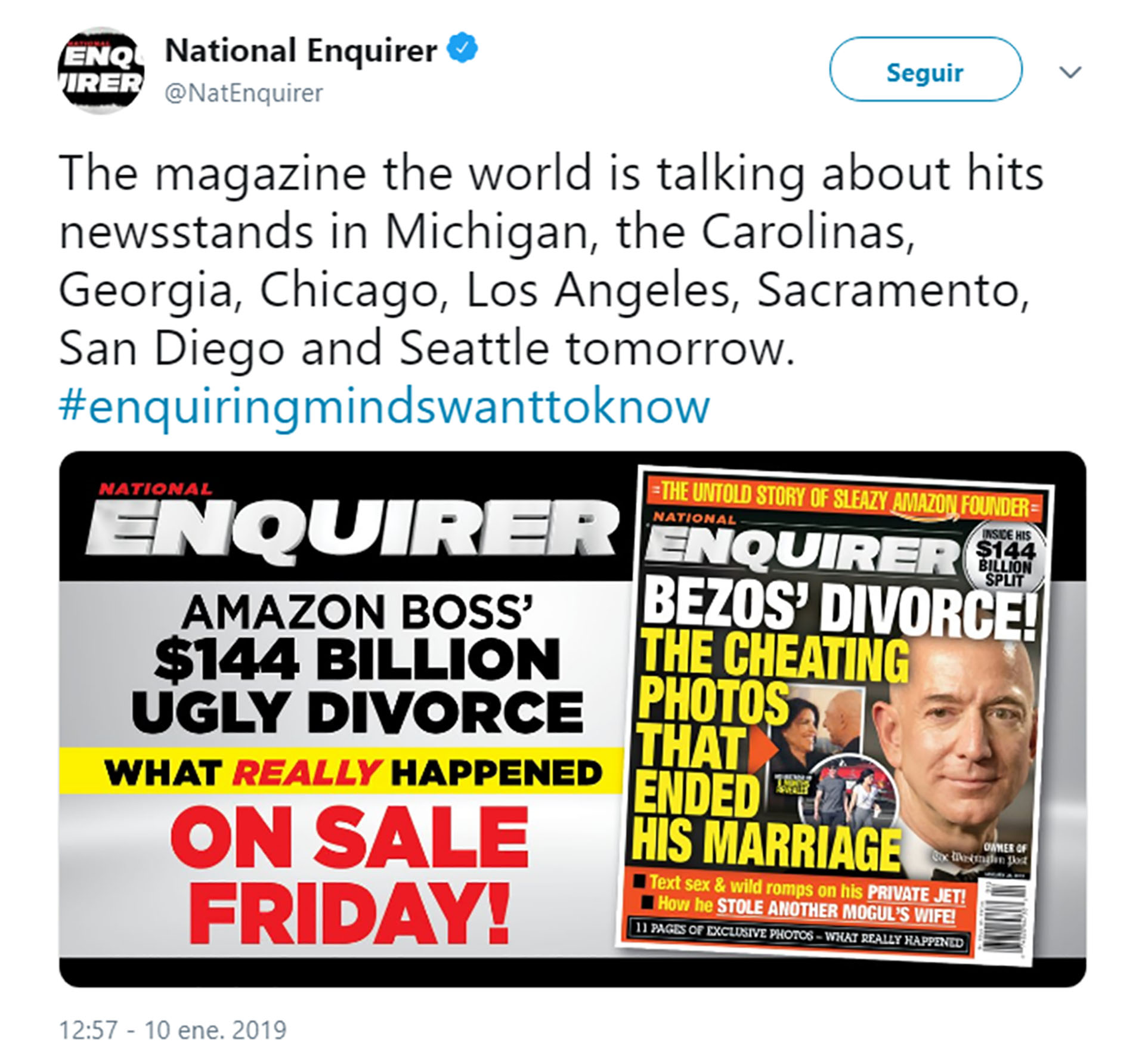 El National Enquirer reveló la relación entre Jeff Bezos y Lauren Sánchez en enero.